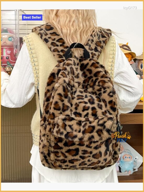 Fluffy Leopard Print Y2K Backpack Fashion Small Daypack Rucksack Cheetah